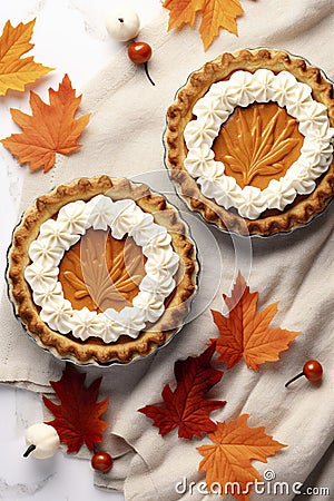 Top view on thanksgiving pumpkin and apple various pies on white. Stock Photo