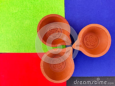 Top view of three clay lamps or diya Stock Photo