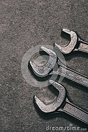 top view of three metal wrenches Stock Photo