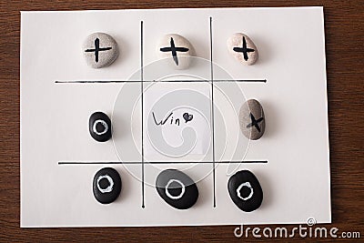 Top view of tic tac toe game on white paper with pebbles marked with naught and cross, and win inscription Stock Photo