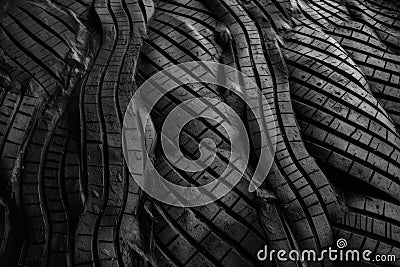 Top view of tire texture tracks on black ground Stock Photo