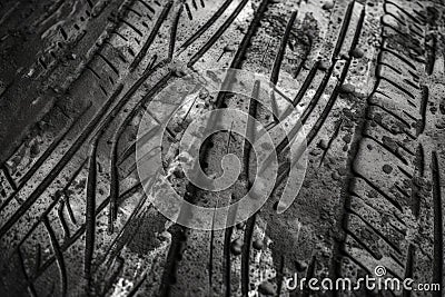 Top view of tire texture tracks on black ground Stock Photo