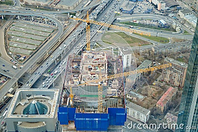 April 2019,Moscow,Russia.Top view to construction site of erecting skyscraper,futured office-tower Editorial Stock Photo