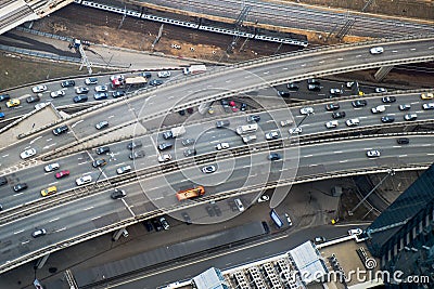 Top view to part of city road network. Multi level traffic junction Editorial Stock Photo