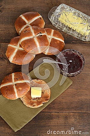 Top view toasted hot cross bun with butter Stock Photo
