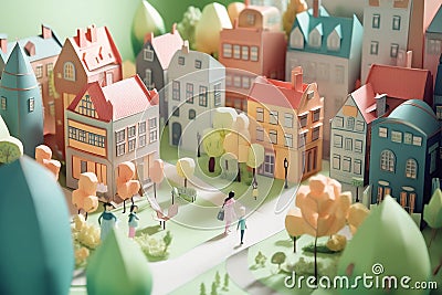 Top view of Town, 3D paper cut style, close-up. Urban concept, generative ai Stock Photo