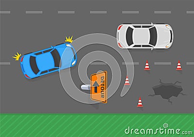 Top view of a traffic flow and detour sign on the roadway. Safe driving tips and traffic regulation rules. Vector Illustration