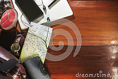 Top view on travel concept, Planning vacation using map and other travel accessories. Stock Photo