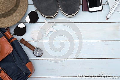 Top view of traveler accessories with copy space Stock Photo