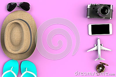 Top view of Traveler`s accessories on pink table background, Essential vacation items, Travel concept. Stock Photo