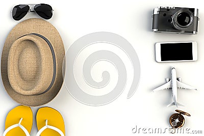 Top view of Traveler`s accessories on white table background, Essential vacation items, Travel concept Stock Photo