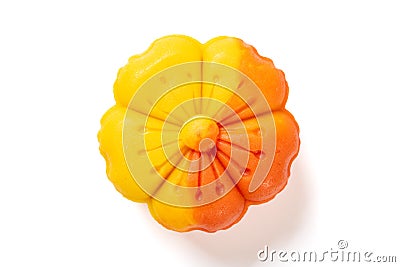 trendy and beautiful flower shape yellow and orange colors moon cake on a white background Stock Photo