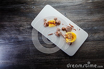 top view trendy restaurant fruit and chocolate mousse dessert Stock Photo