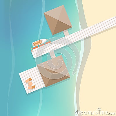 Top view tropical beach with wooden pier and two bungalows Vector Illustration