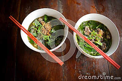 Top view of two bowls of kuy teav, a traditional khmer soup dish in Cambodia Stock Photo