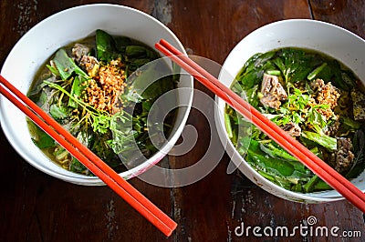 Top view of two bowls of kuy teav, a traditional khmer soup dish in Cambodia Stock Photo