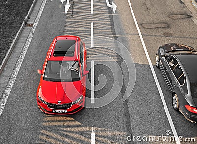Top view of two cars moving on highway Editorial Stock Photo
