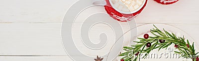 Top view of two cups of cocoa and christmas pie on white wooden table. Stock Photo