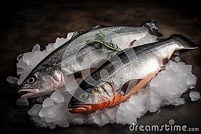 Top View Of Two Fresh Salmon And Sea Bass On Ice - Generative AI Stock Photo