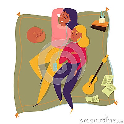 Top view of two friends on a picnic blanket Vector Illustration
