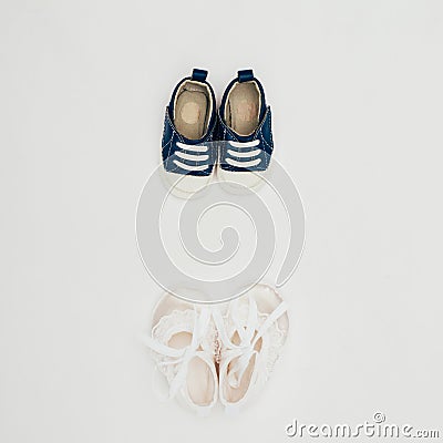 Top view of two pairs of baby shoes Stock Photo