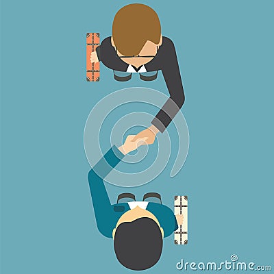 Top view of two people shaking their hands. Vector Illustration