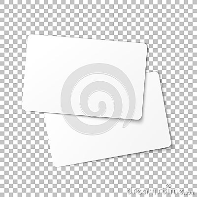 Top view of two realistic business cards mockup. Blank visit cards on transparent background. Design concept. Vector illustration Vector Illustration