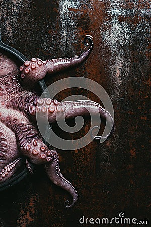 top view of uncooked octopus in saucepan on rusty Stock Photo