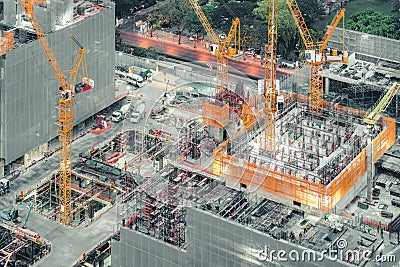 Top view of an under construction building site. Civil engineering, industrial development project, tower basement foundation infr Stock Photo