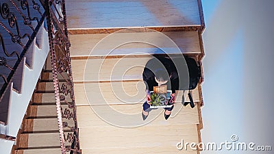 Top view of unemployed woman holding box of stuff Stock Photo