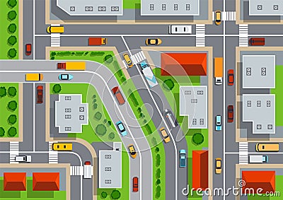 Top view of urban city. Crossroads with streets, roads, cars, houses and trees. Map with view rooftops and highways Vector Illustration