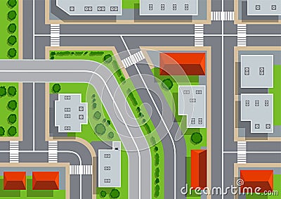Top view of urban city. Crossroads with streets, roads, houses and trees. Map with view rooftops and highways. View from Vector Illustration