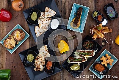 Top view variety of delicious starters from around the world Stock Photo