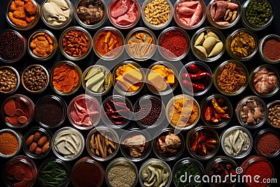 top view of a variety of preserved foods labeled and organized Stock Photo