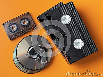 Top view various data carriers of different times Stock Photo