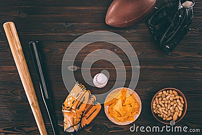 top view of various snacks and sports equipment Stock Photo
