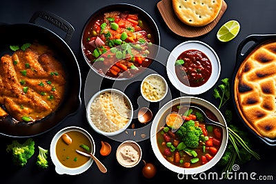 Top view of various soups in bowls on a black background. generative ai Stock Photo