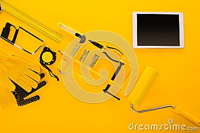 Top view of various work tools, equipment and digital tablet Stock Photo