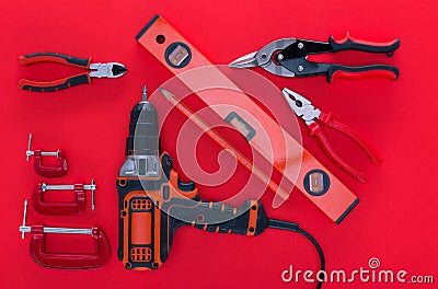 Top view of various work tools and pencil Stock Photo