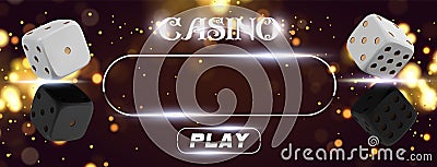 Top view of Casino sign poker dice on golden shiny background. Online casino wide banner with place for text and button Vector Illustration