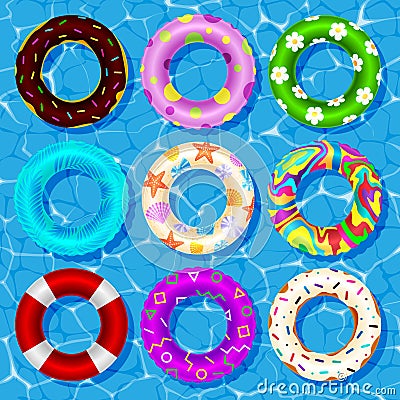 Top view vector collection of rubber rings floating on swimming pool water lifebuoy security, equipment. Vector Illustration