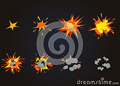 Top view of vector flash explosion effect, bomb boom. Cartoon explosion animation game frames. Vector Illustration