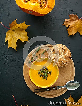 Top view vegan homemade pumpkin soup Stock Photo