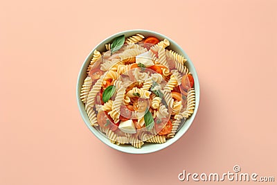 Top view of vegetarian pasta bowl with fusilli, feta cheese, tomato and basil Stock Photo