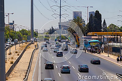 Top view of vehicles traveling on Road No. 4 near the entrance to Bnei Brak. In the background is the Paz gas station Editorial Stock Photo