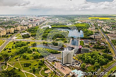 Top view of the victory Park in Minsk and the Svisloch river.A bird`s-eye view of the city of Minsk and the Park complex.Belarus Stock Photo