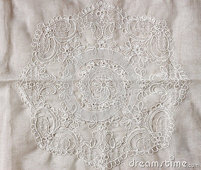 Top view of vintage hand made beautiful lace fabric over wooden table Stock Photo