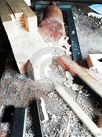 Top of view vintage old carpenter tools in a carpentry workshop, hand saw, home wood kit closeup Stock Photo