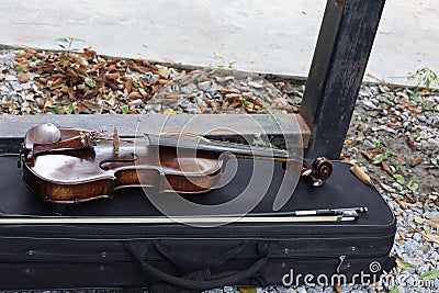 top view violin and viola instruments placed on black box orchestra instrument concept Stock Photo