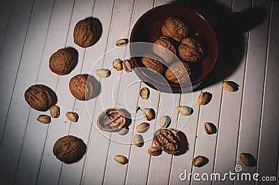 top view wallnuts and pistachios Stock Photo